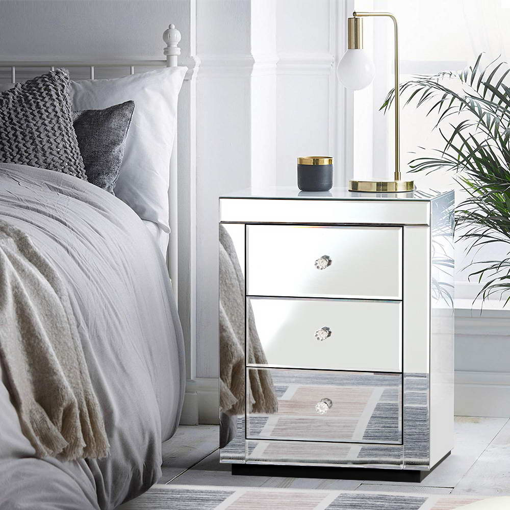 Bedside Table Silver Mirrored 3-Drawer Nightstand