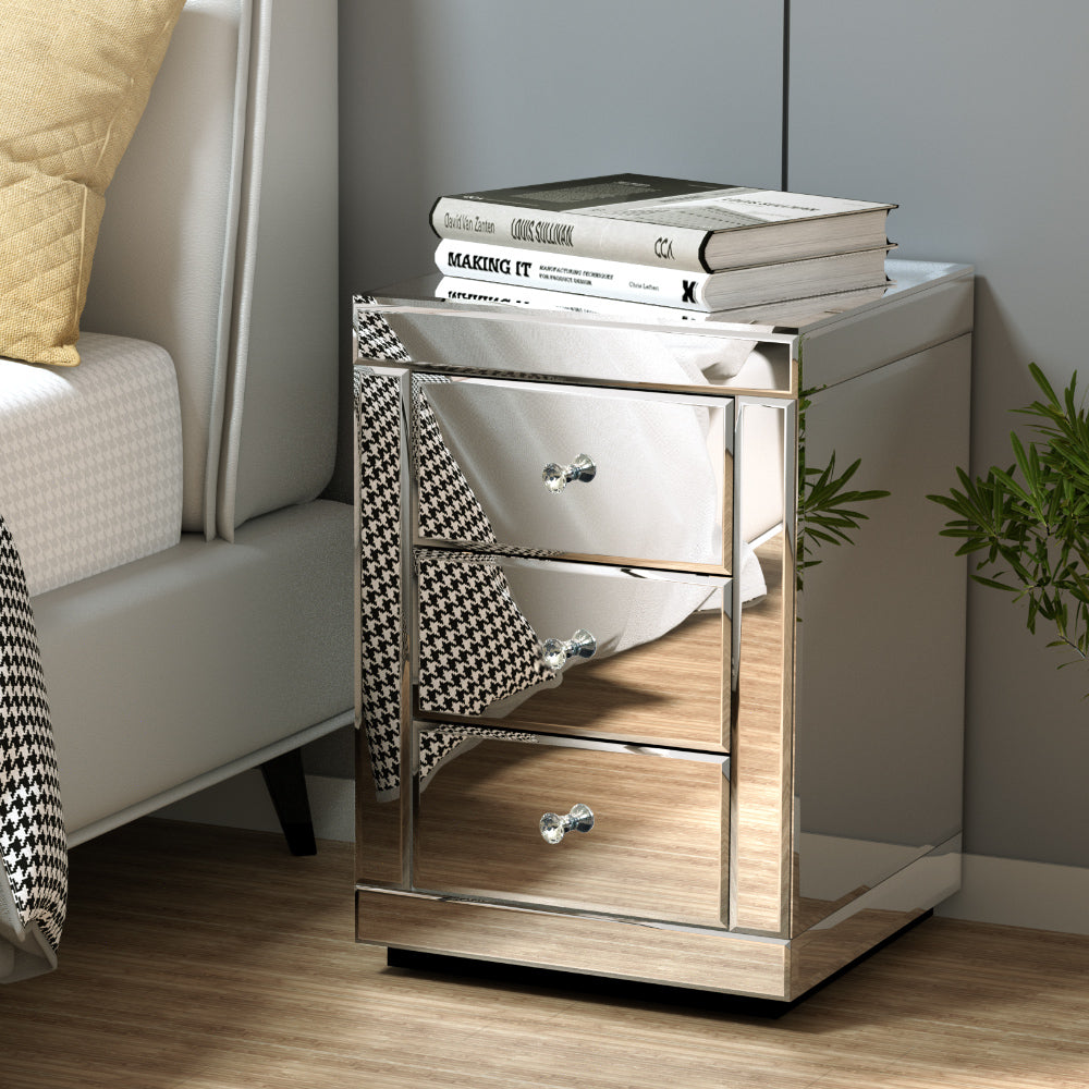 Bedside Table Silver Mirrored 3-Drawer Nightstand