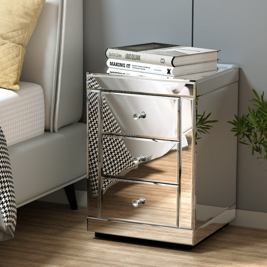 Set Of 2 Bedside Table 3 Drawers Mirrored Glass - Presia Silver - Tables Side End Cabinet