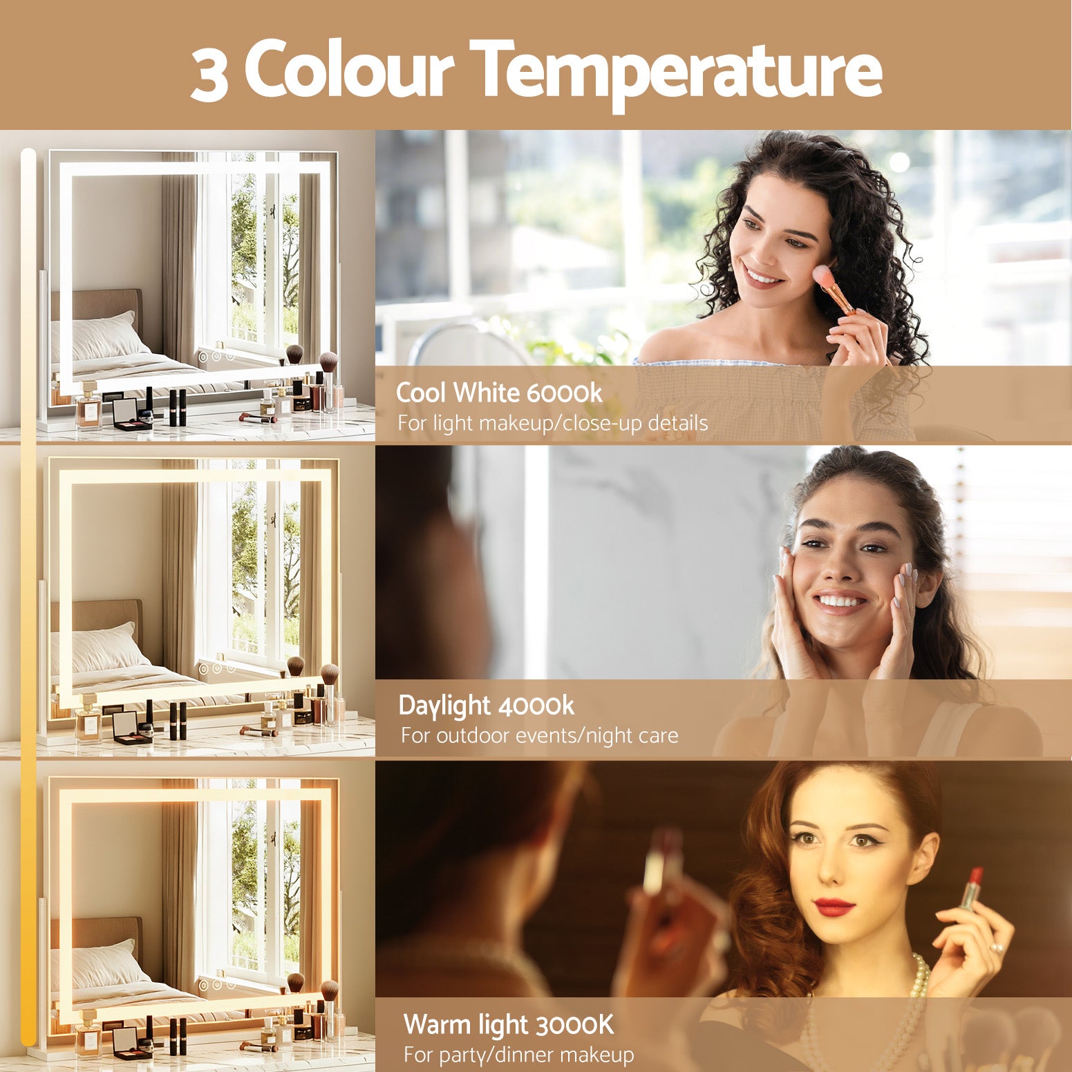80x65cm Makeup Mirror Hollywood Vanity with LED Light White Frame