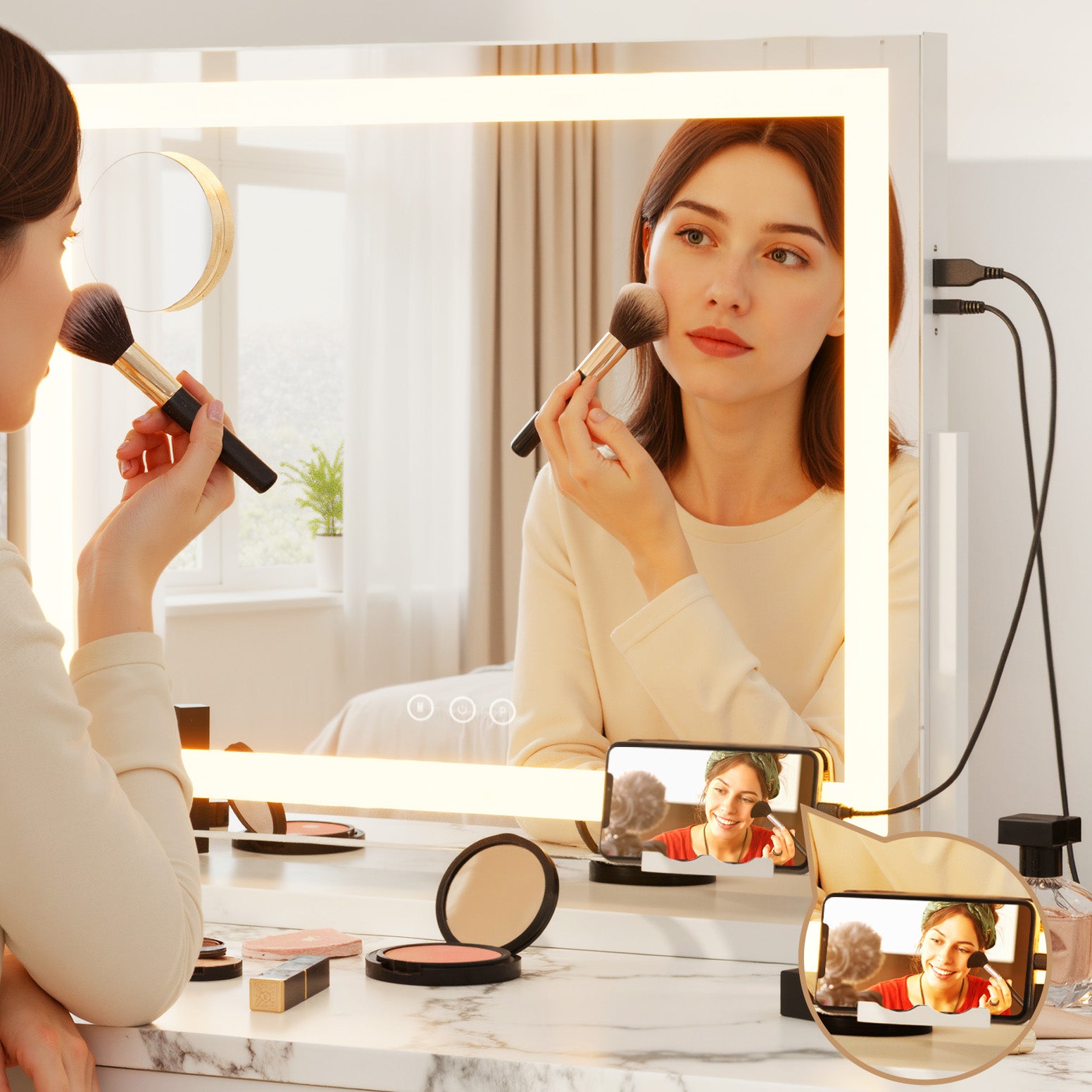 80x65cm Makeup Mirror Hollywood Vanity with LED Light White Frame