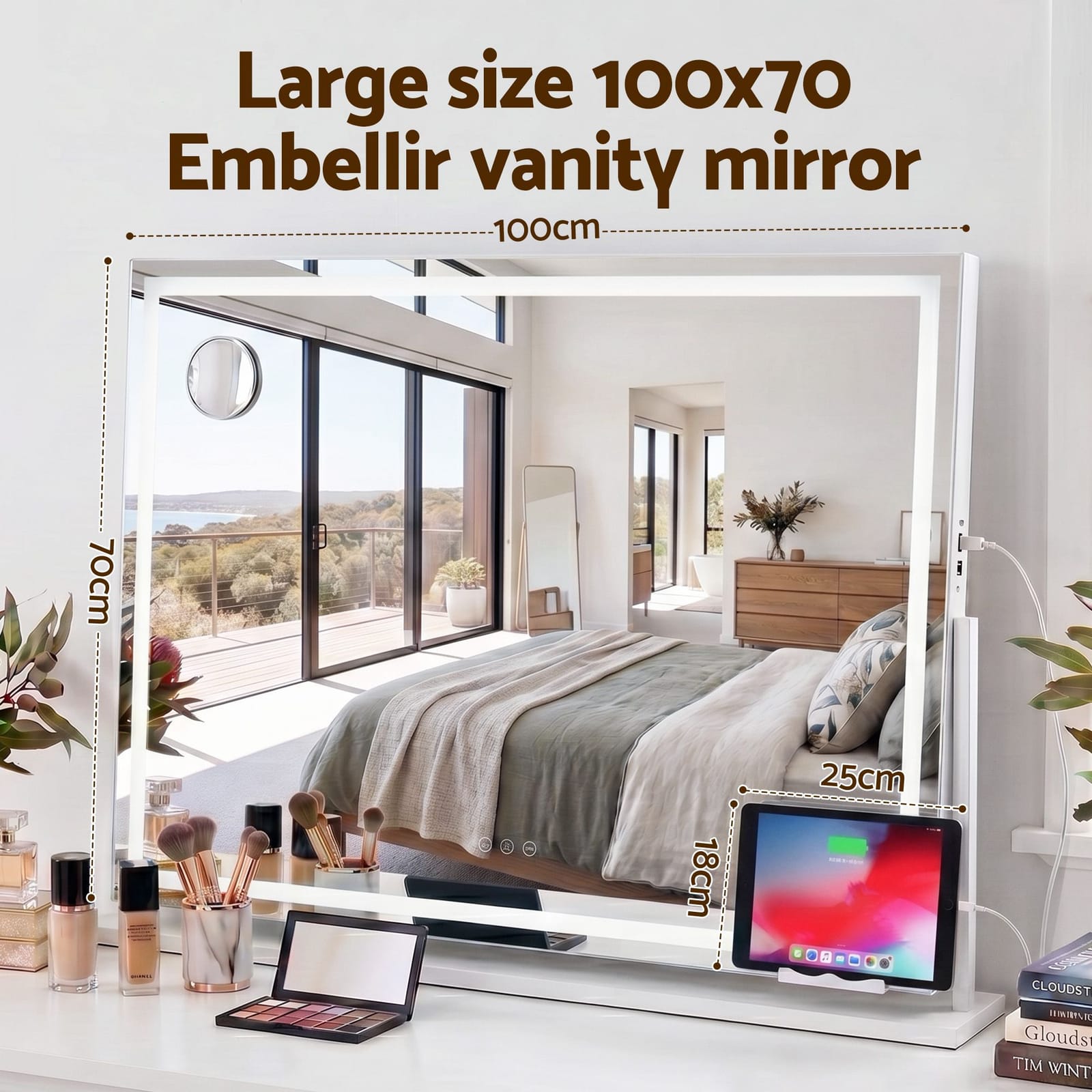 LED Vanity Mirror 100x70cm 360° Rotate 10x Mag | Simpledeals