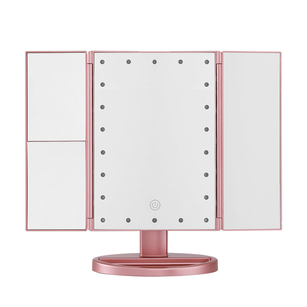 Sleek Pink Tri-Fold Makeup Mirror with LED