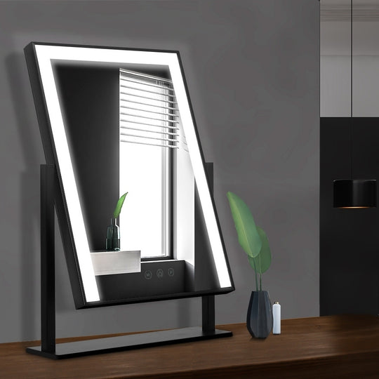 Makeup Mirror 25x30cm Hollywood Vanity with LED Light Rotation Black - Embellir Standing Tabletop Stand