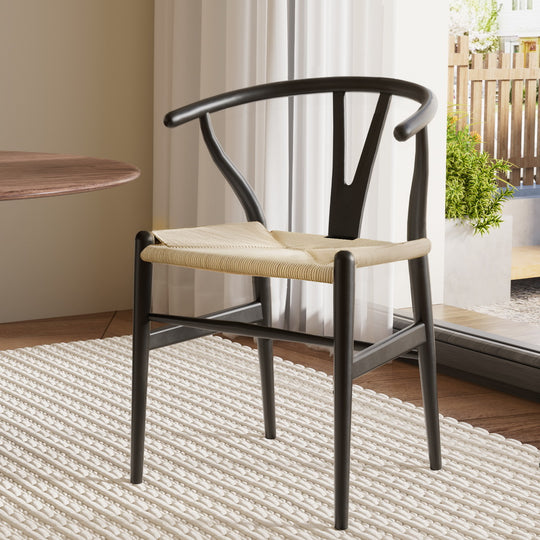 1X Dining Chair Wooden Rattan Wishbone Black | Black colour