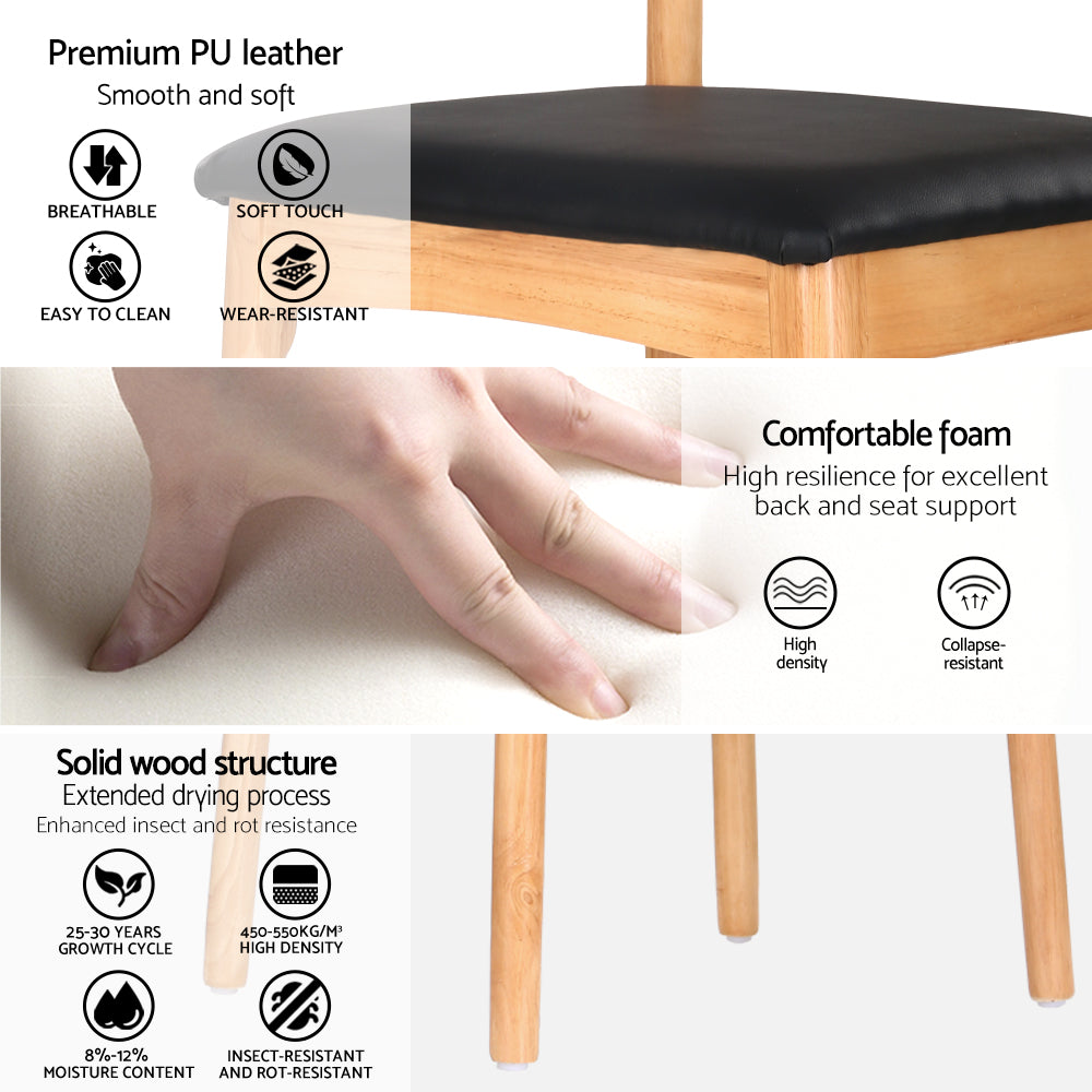 4x Black Leather Dining Chairs – Rubber Wood Frame, Sleek and Modern Design