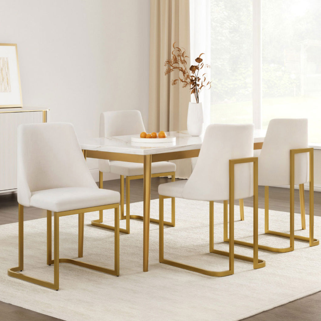 Set of 4 Dining Chairs with Beige Linen Fabric and Sturdy Frame