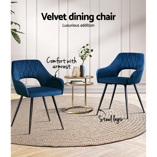 Dining Chairs Set of 2 Velvet Hollow Armchair Blue - Caitlee Kitchen Upholstered