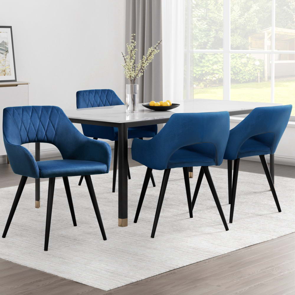 Dining Chairs Set of 4 Velvet Hollow Armchair Blue | Blue colour