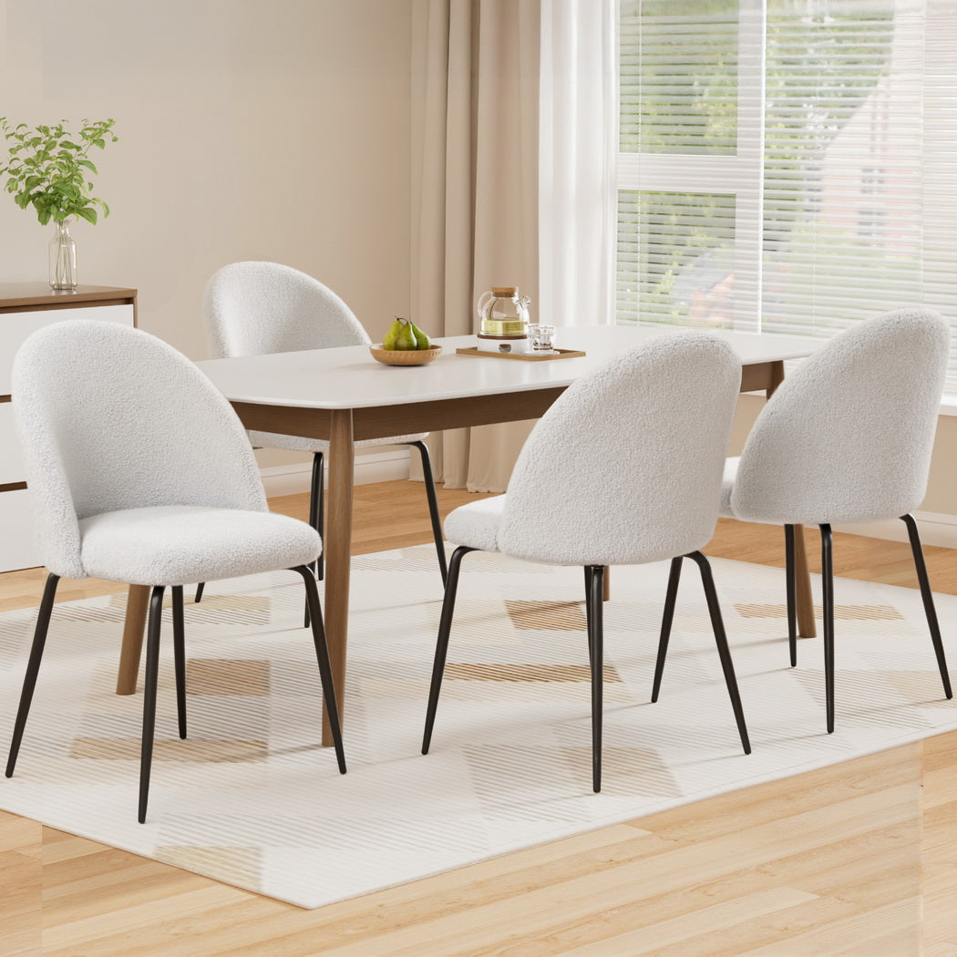 Set of 4 Dining Chairs in White Sherpa Boucle Fabric - Modern