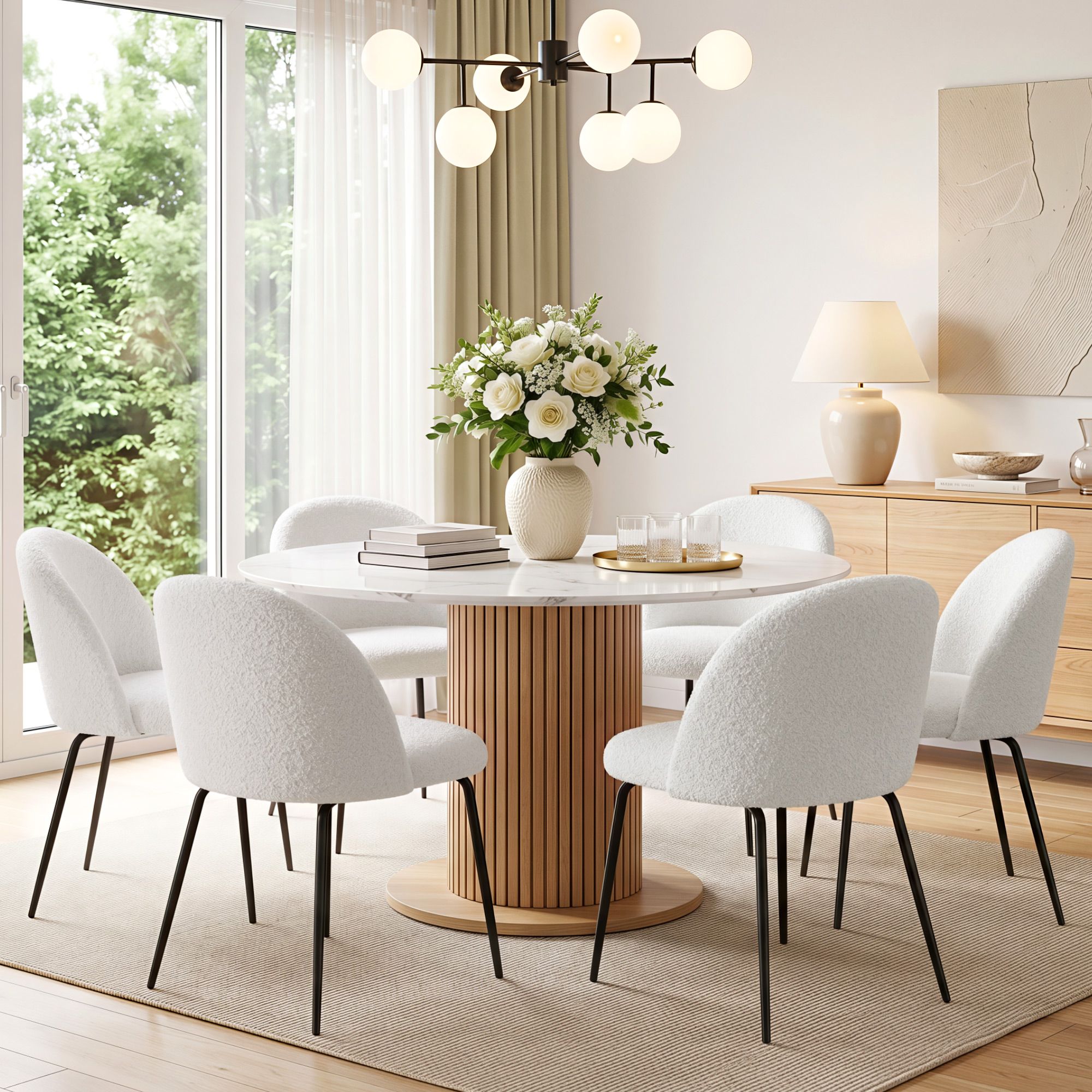 Sherpa Boucle Dining Chairs Set of 6 White | Simpledeals
