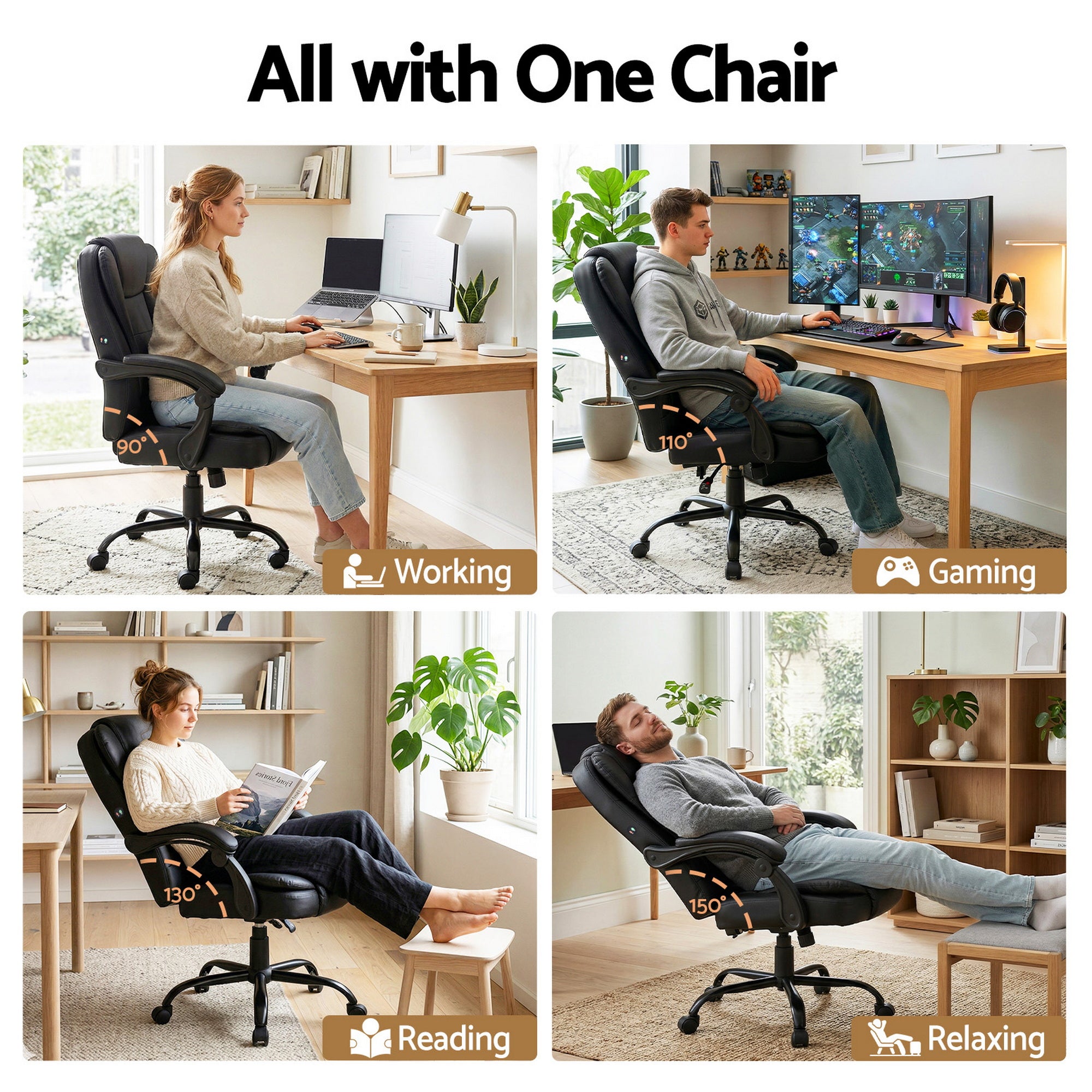 Electric 2 Point Massage Office Chairs PU Leather Recliner Computer Gaming Seat Black