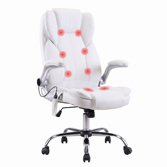 8-Point Massage Office Chair PU Leather White Ergonomic Seating - Massage Chairs