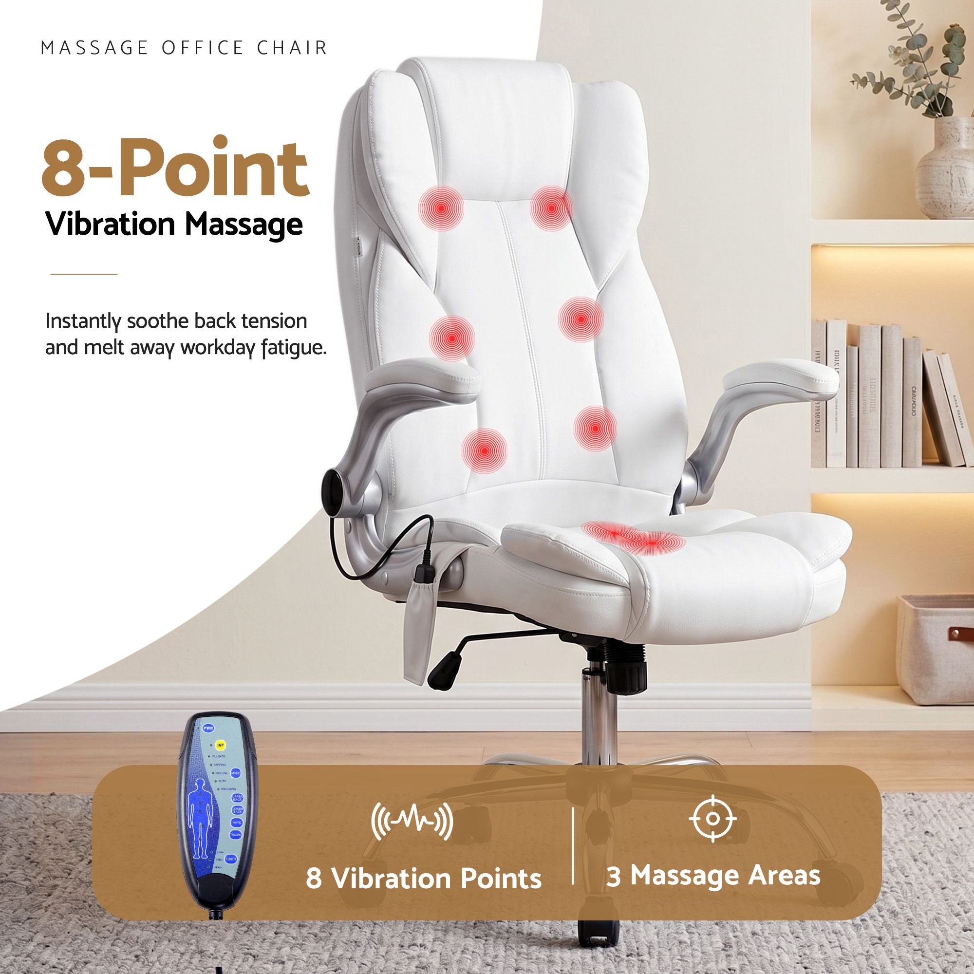 8-Point Massage Office Chair PU Leather White Ergonomic Seating