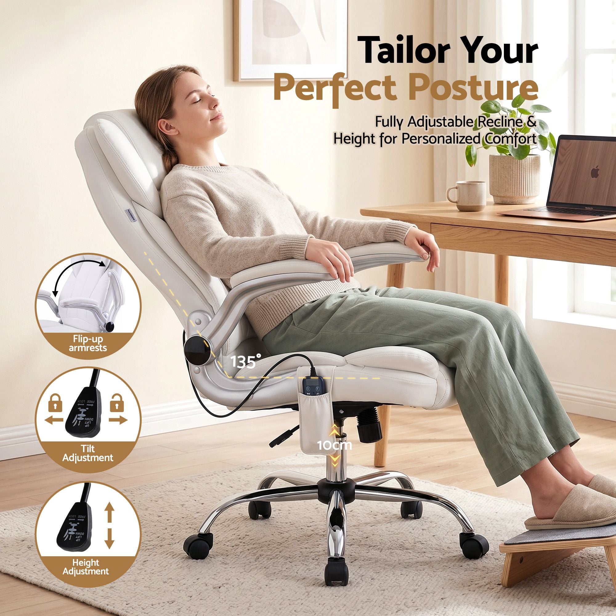 8-Point Massage Office Chair PU Leather White Ergonomic Seating