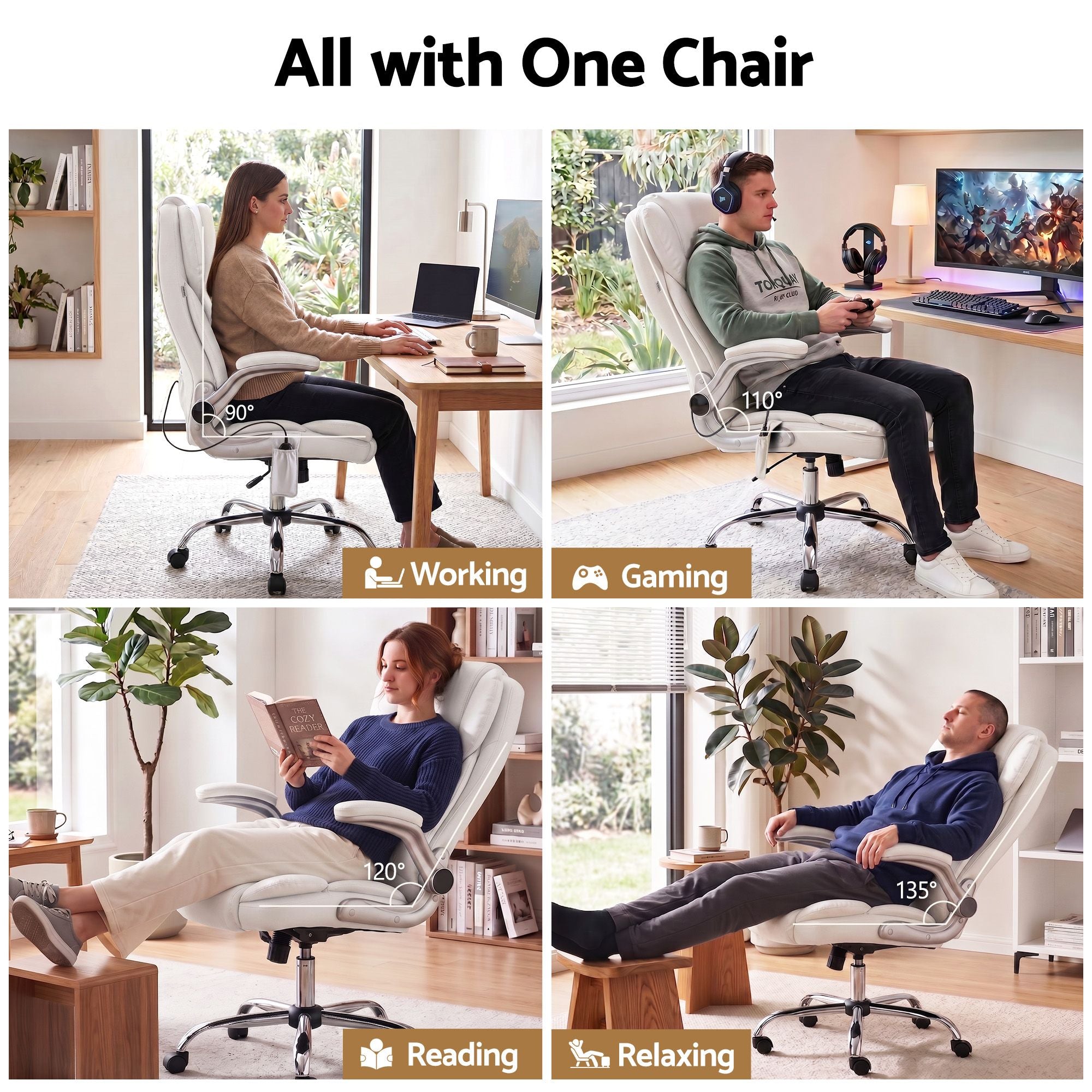 8-Point Massage Office Chair PU Leather White Ergonomic Seating