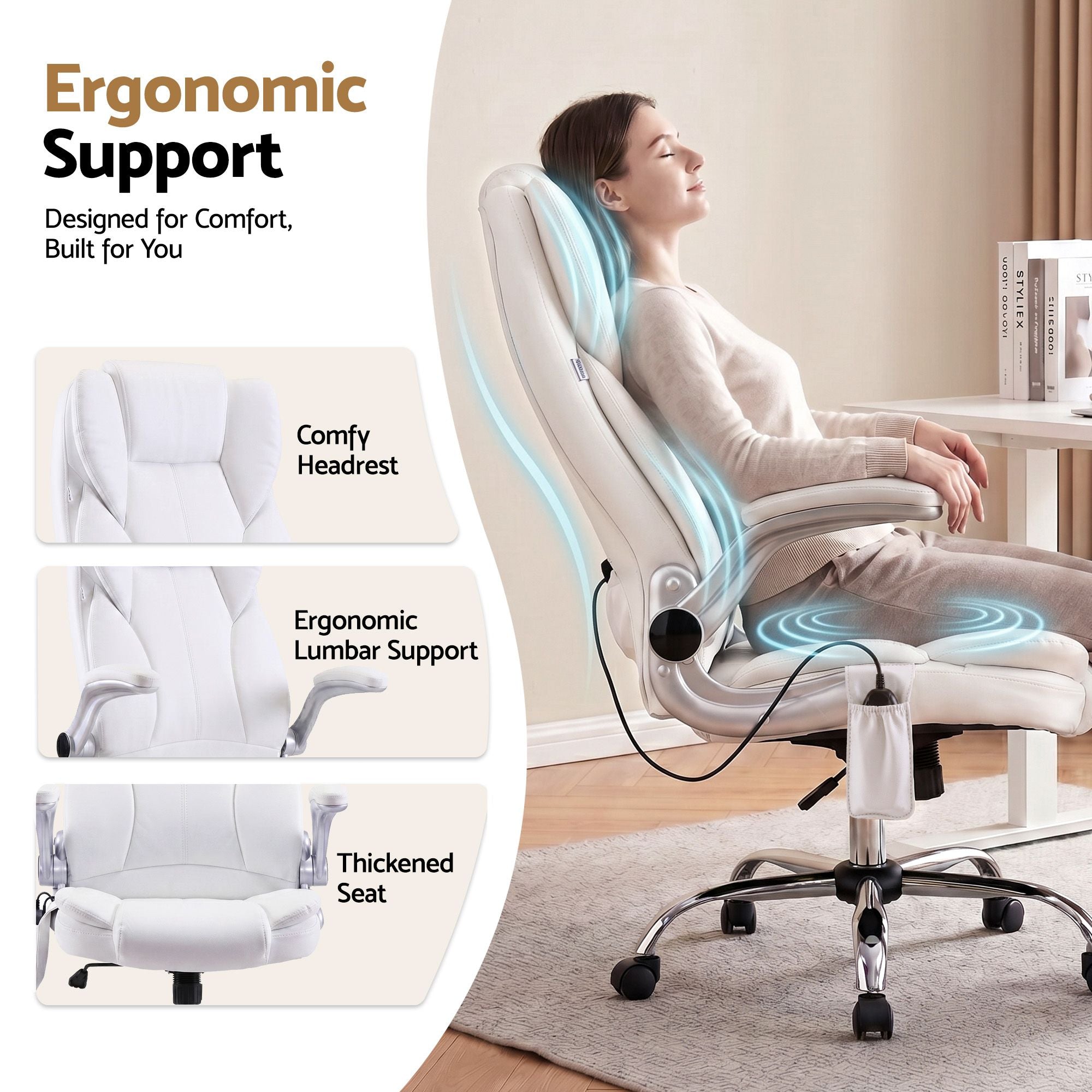 8-Point Massage Office Chair PU Leather White Ergonomic Seating