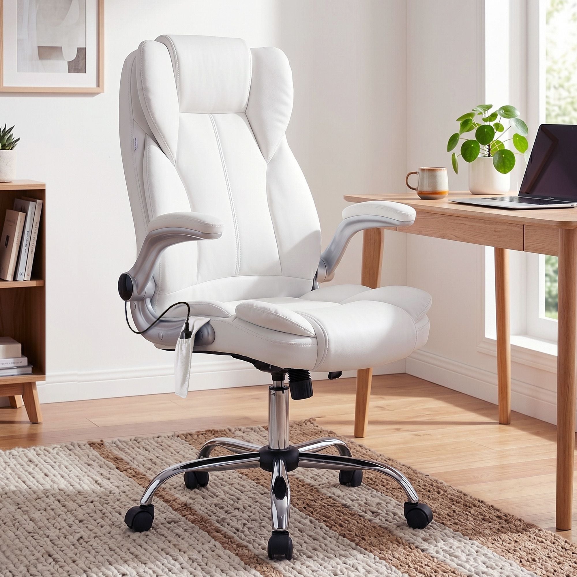 8-Point Massage Office Chair PU Leather White Ergonomic Seating