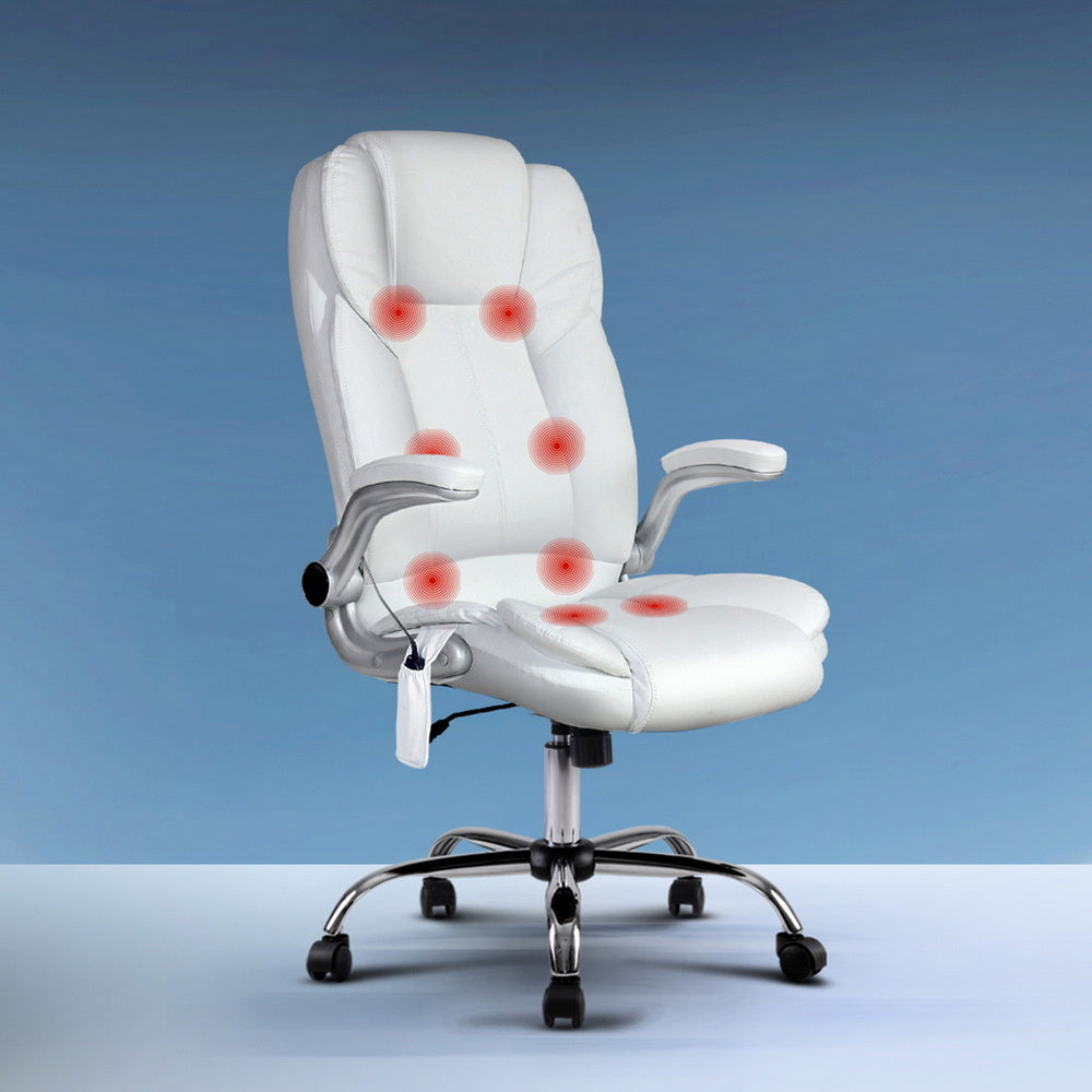 8-Point Massage Office Chair PU Leather White Ergonomic Seating