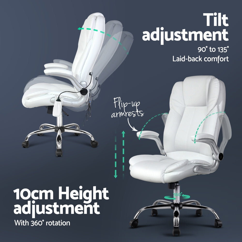 8-Point Massage Office Chair PU Leather White Ergonomic Seating