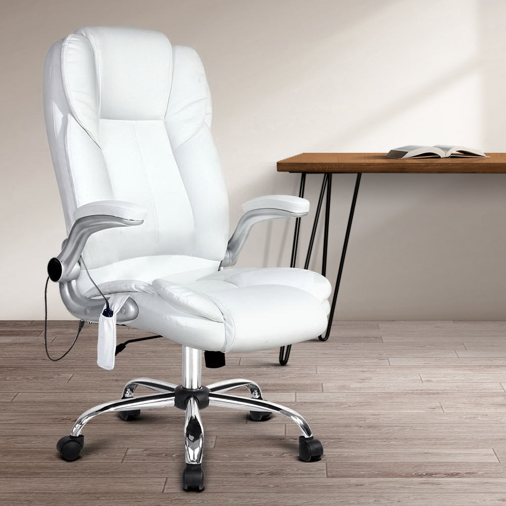 8-Point Massage Office Chair PU Leather White Ergonomic Seating
