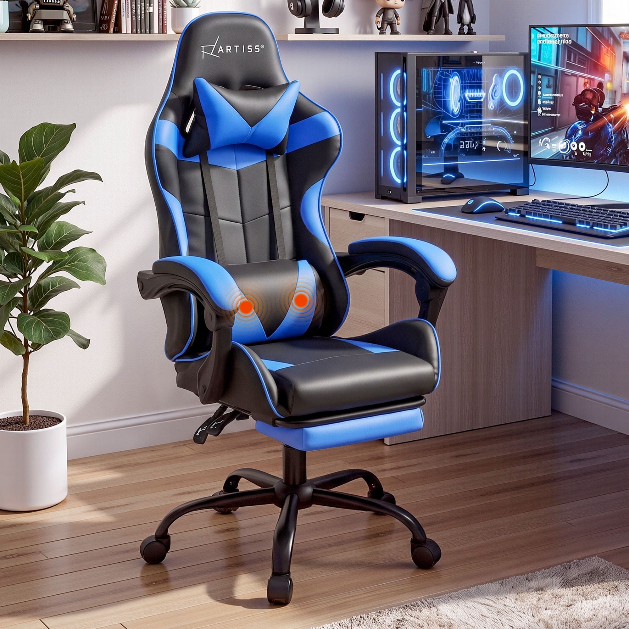 2 Point Massage Gaming Office Chair Footrest Blue