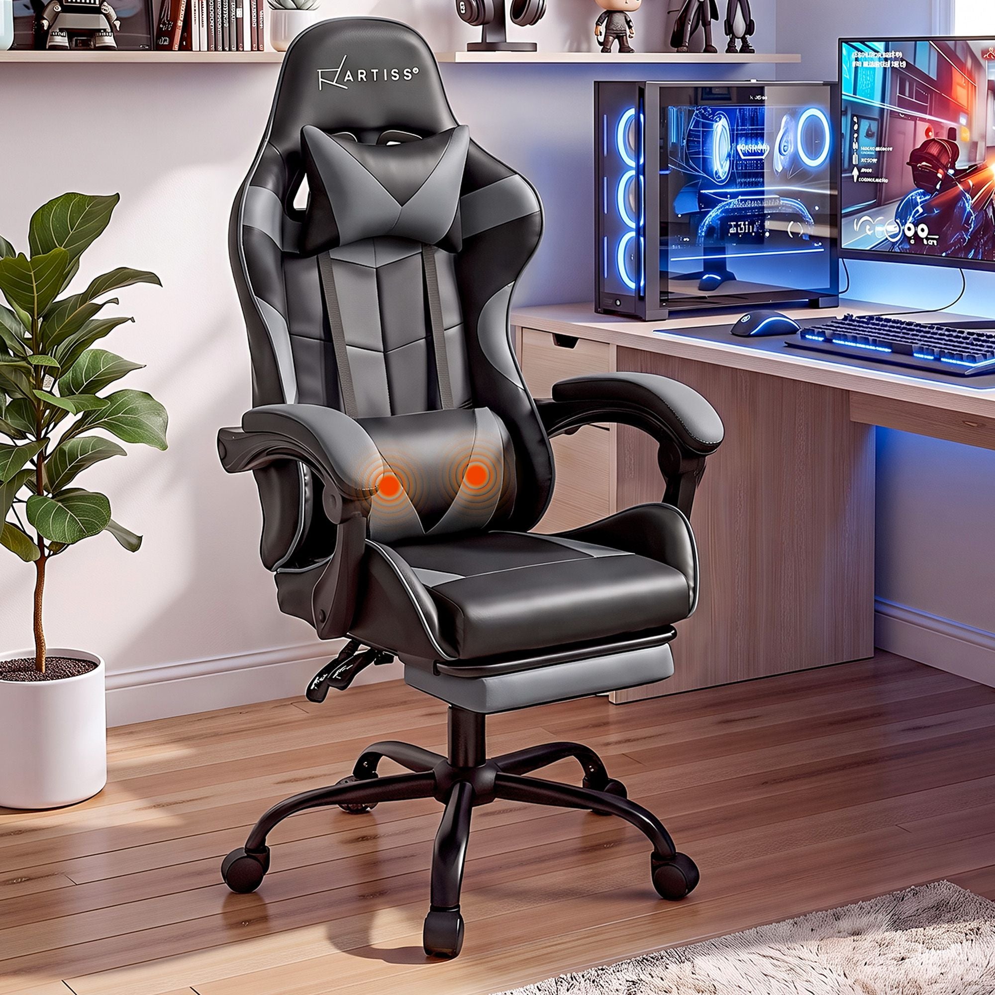 2 Point Massage Gaming Office Chair Footrest Grey/Pink