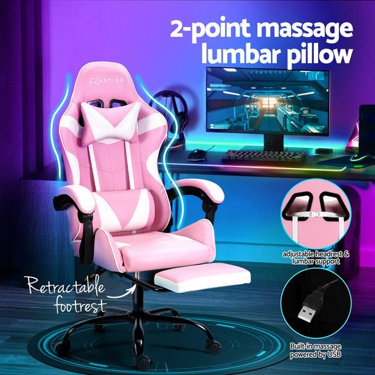 2 Point Massage Gaming Office Chair Footrest Grey/Pink | Grey colour