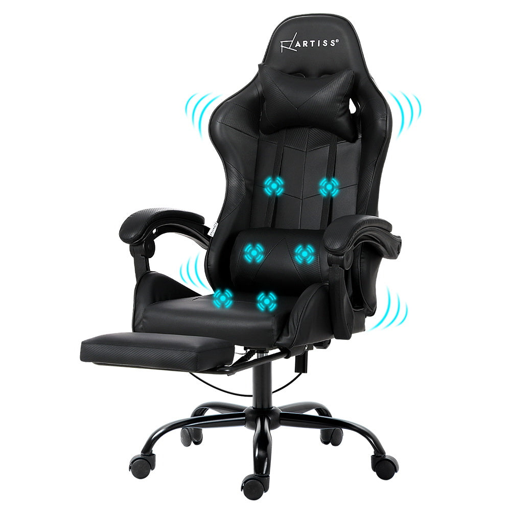 6-Point Massage Gaming Office Chair with Footrest Black Ergonomic Seat