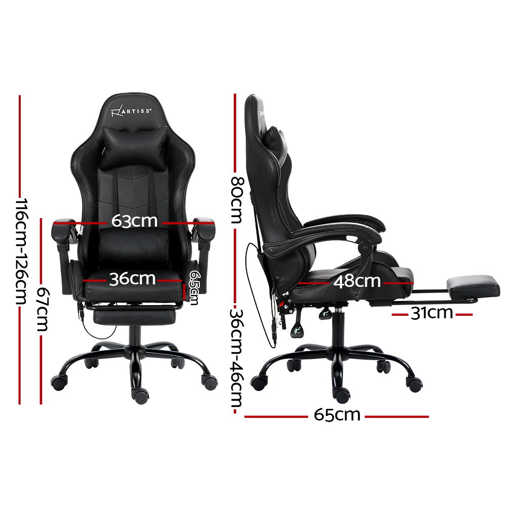 6-Point Massage Gaming Office Chair with Footrest Black Ergonomic Seat