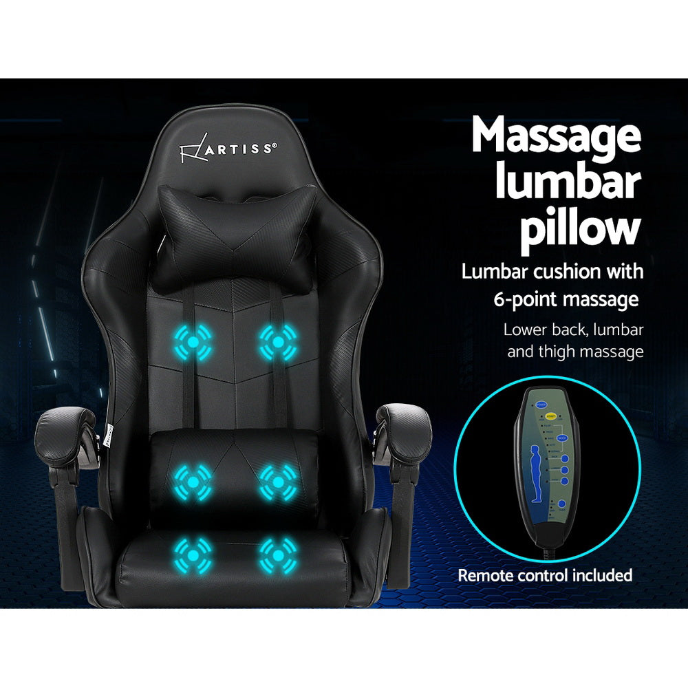 6-Point Massage Gaming Office Chair with Footrest Black Ergonomic Seat