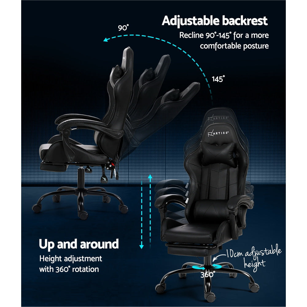 6-Point Massage Gaming Office Chair with Footrest Black Ergonomic Seat