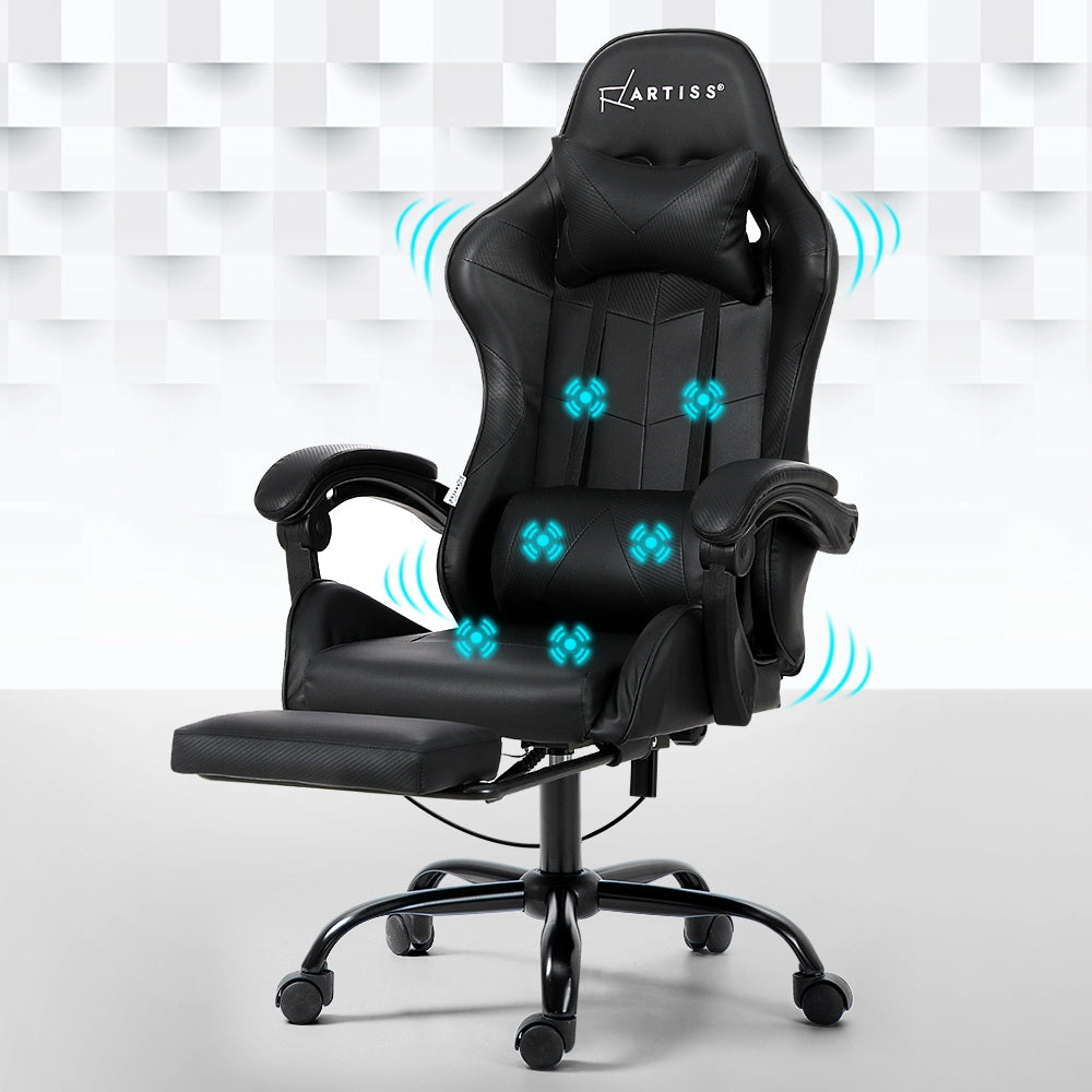 6-Point Massage Gaming Office Chair with Footrest Black Ergonomic Seat