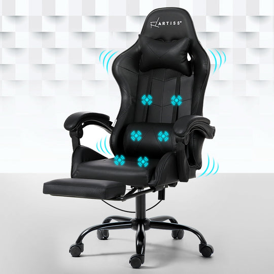 6-Point Massage Gaming Office Chair with Footrest Black
