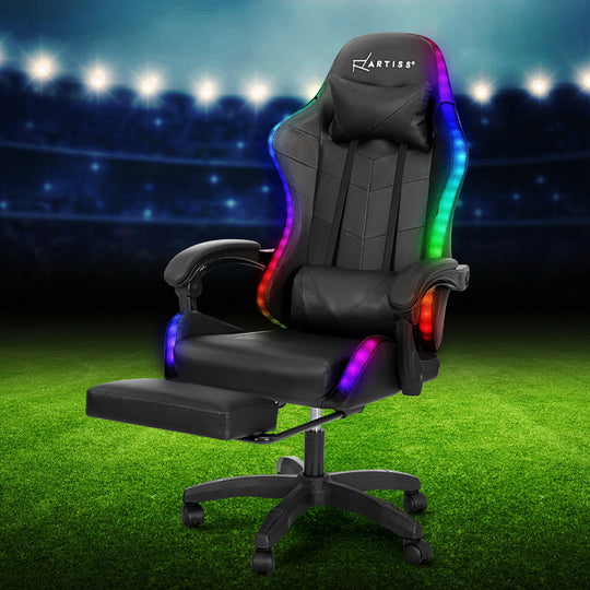 6 Point Massage Gaming Office Chair 7 LED Footrest Black, Massage Chairs