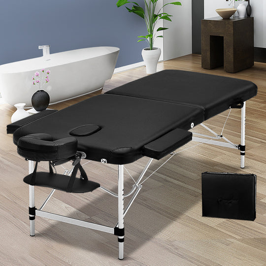 Black colour - Massage Table 55Cm Portable 2 Fold Aluminium Beauty Bed Black