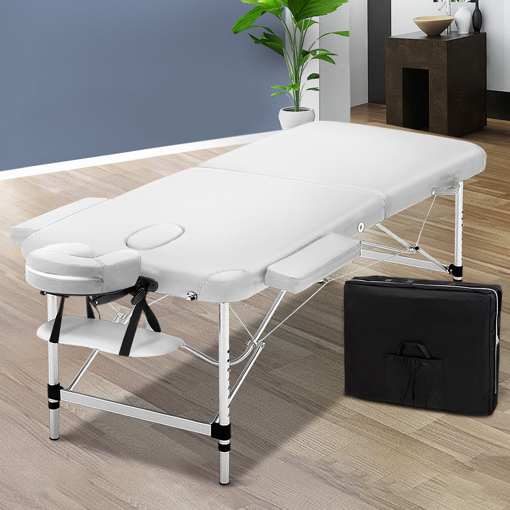 Massage Table 75Cm Portable 2 Fold Aluminium Beauty Bed White