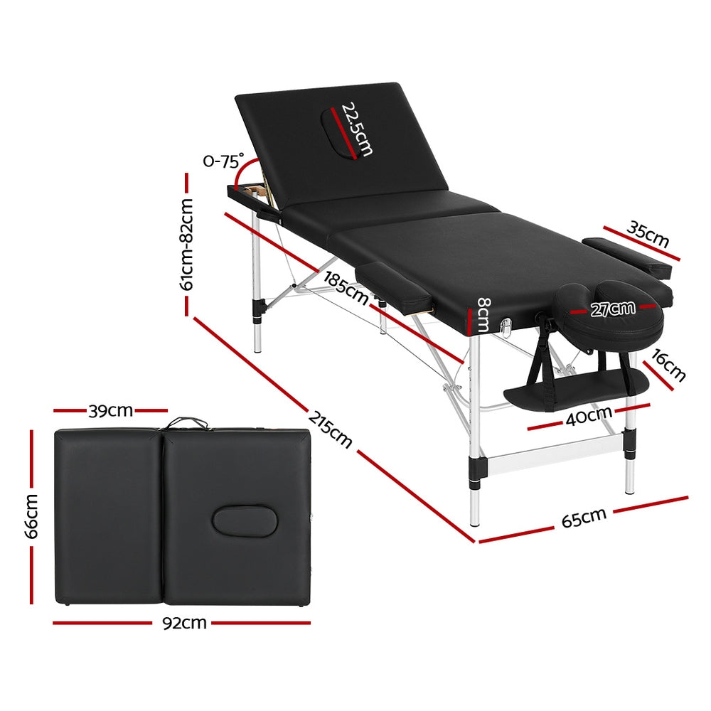 Aluminium 3-Fold Portable Massage Table – Black