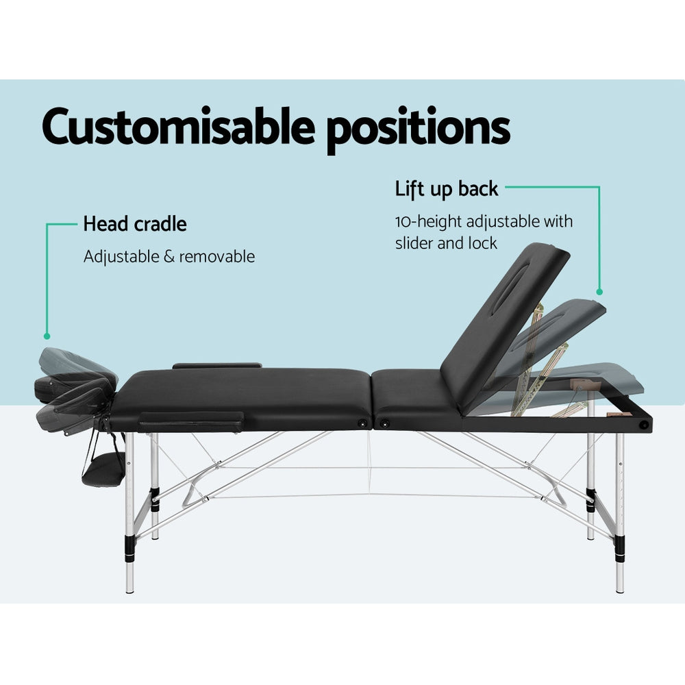 Massage Table 65Cm Portable 3 Fold Aluminium Beauty Bed Black