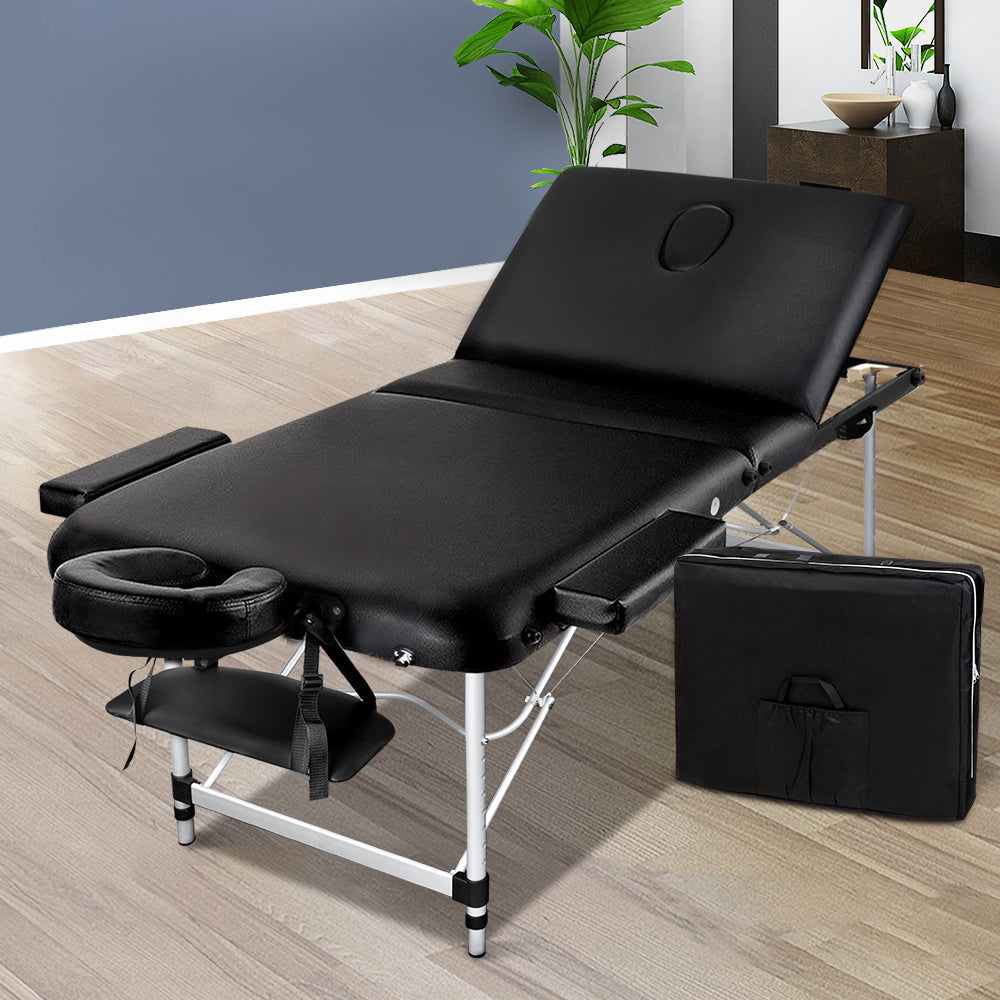 Massage Table 70Cm Portable 3 Fold Aluminium Beauty Bed Black