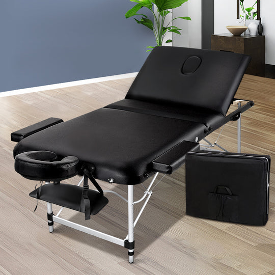 Massage Table 80Cm Portable 3 Fold Aluminium Beauty Bed Black | Massage Tables