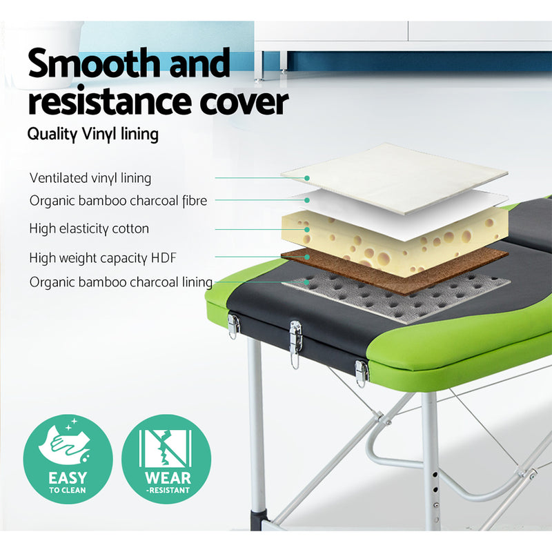 Massage Tables - Massage Table 75Cm Portable 3 Fold Aluminium Beauty Bed Green