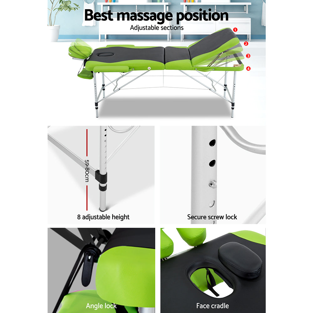 Massage Table 75Cm Portable 3 Fold Aluminium Beauty Bed Green