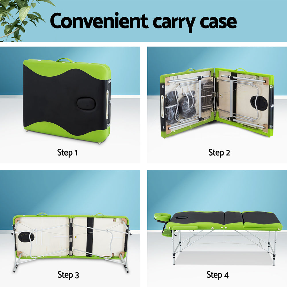 Massage Table 75Cm Portable 3 Fold Aluminium Beauty Bed Green