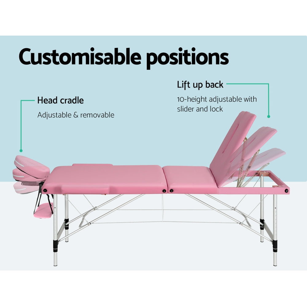Massage Table 85Cm Portable 3 Fold Aluminium Beauty Bed Black