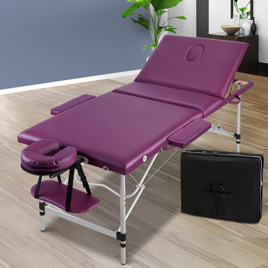 Massage Table 75cm 3 Fold Aluminium Beauty Bed Portable Therapy Violet | 75Cm
