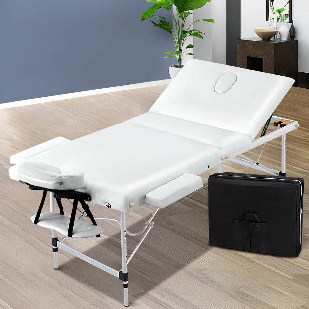 Massage Table 75Cm Portable 3 Fold Aluminium Beauty Bed White