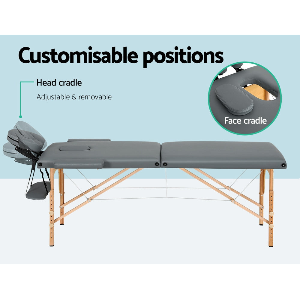Massage Table 56Cm Portable 2 Fold Wooden Beauty Bed Grey