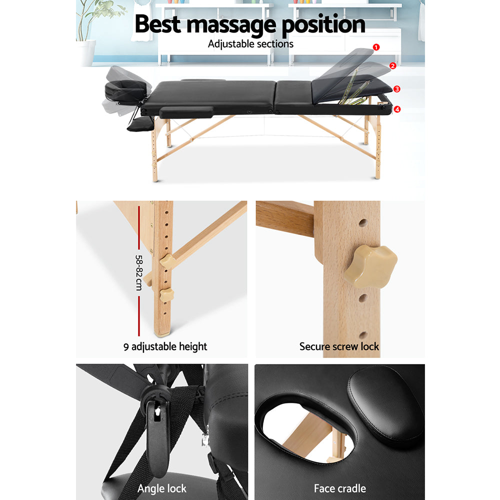 60cm Portable 3-Fold Wooden Massage Table Beauty Bed Black