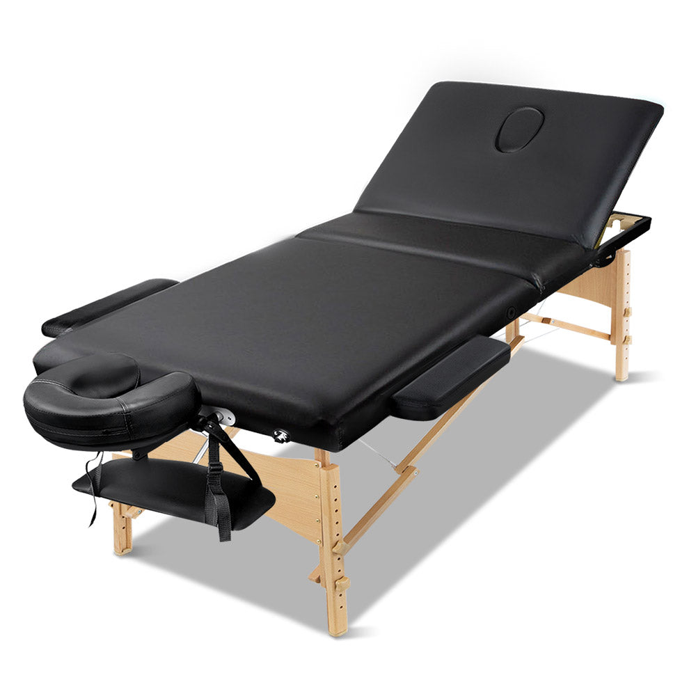 60cm Portable 3-Fold Wooden Massage Table Beauty Bed Black